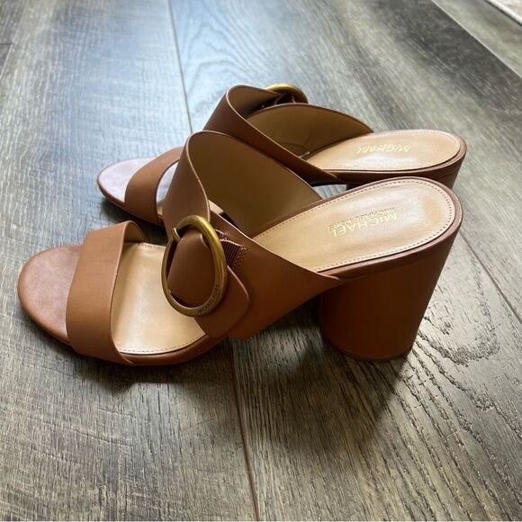 Michael Kors Estella Round Heel Sandal Cognac Brown Size 10 Chunky Block Heel - Picture 3 of 10